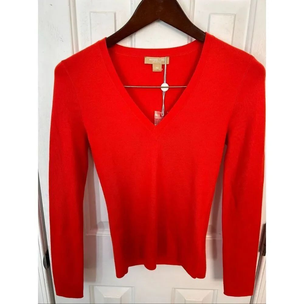 Michael Kors orange red vneck sweater sz XS cashmere new with tags